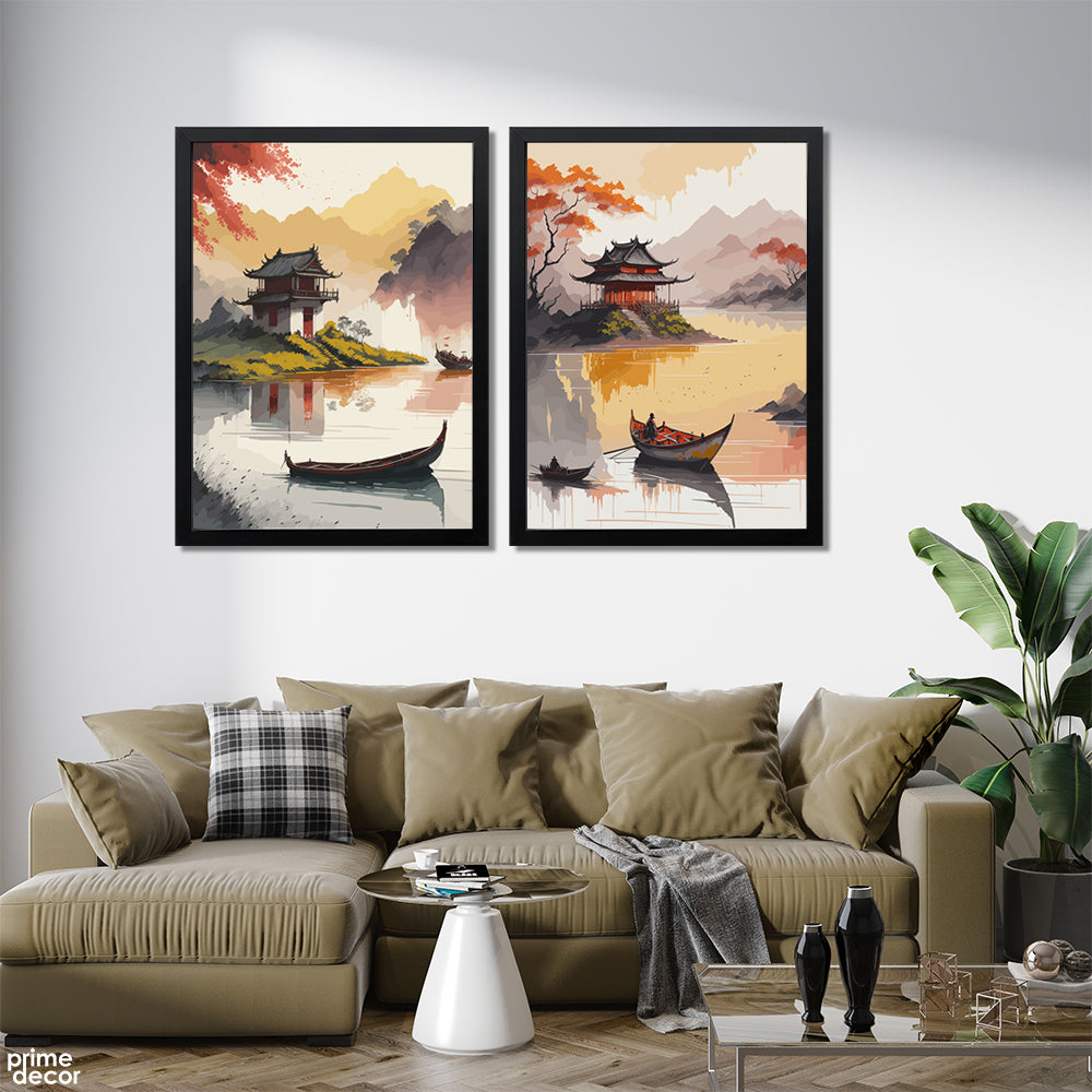Chinese Style Boats With Pagoda In Background (2 Panel) Landscape Wall