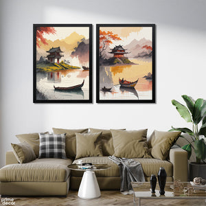 Chinese Style Boats With Pagoda In Background (2 Panel) Landscape Wall
