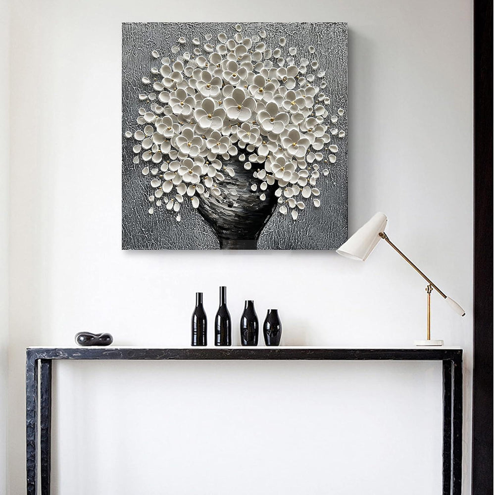 100% Hand-Painted White Flower Art Oil Painting, Modern Home Furnishing Canvas Painting Decoration, 3D Abstract Mural Painting-Painting-BEESARI