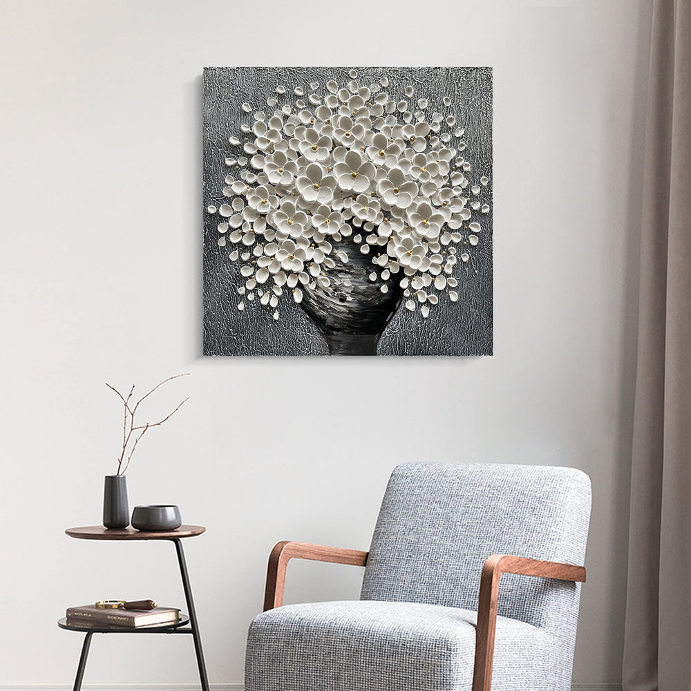 100% Hand-Painted White Flower Art Oil Painting, Modern Home Furnishing Canvas Painting Decoration, 3D Abstract Mural Painting-Painting-BEESARI