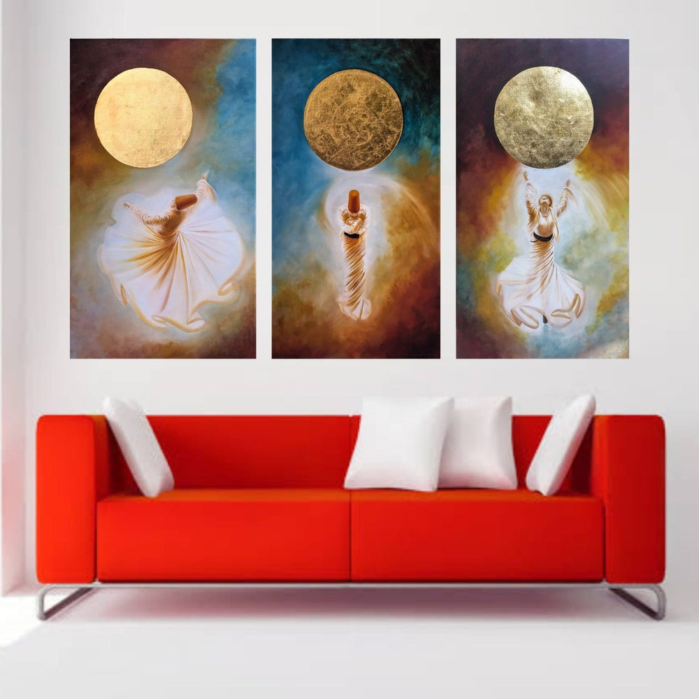 3-Panel Modern Abstract Canvas Wall Art Set – Blue & Gold Digital Print – Ready-to-Hang Home Decor