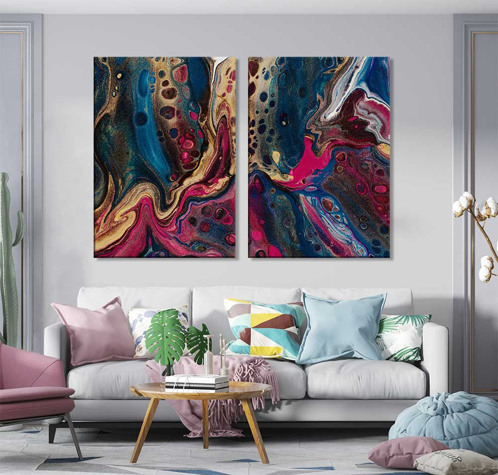 A Closeup of a Colorful Piece (2 Panel) Abstract Wall Art