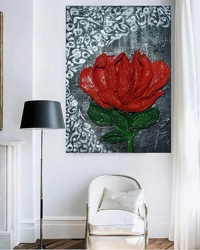 3D Rose on Canvas | Abstract Calligraphy | textured painting| Handmade Painting | Arabic art-Painting-BEESARI