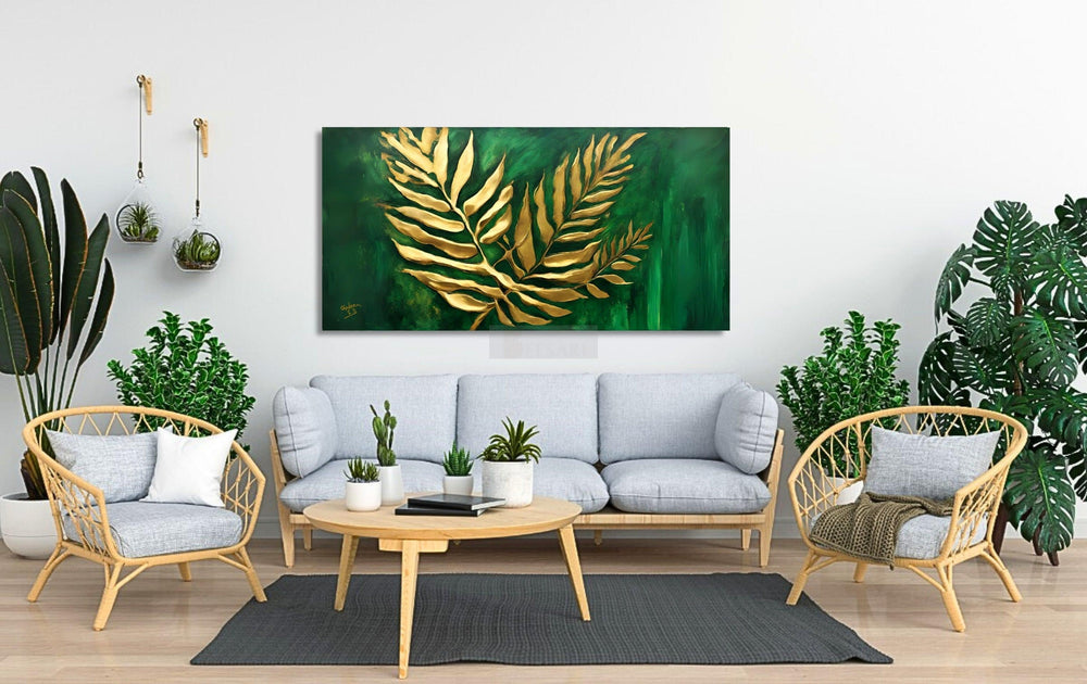 3D Textured Golden Leaf | Tropical Green Art | Abstract Art | Handmade Painting | Home Decor | Wall Decor-Painting-BEESARI