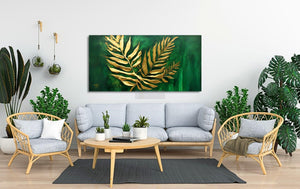 3D Textured Golden Leaf | Tropical Green Art | Abstract Art | Handmade Painting | Home Decor | Wall Decor-Painting-BEESARI