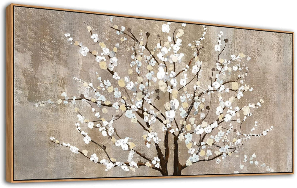 Beige White Textured Tree Painting Tree Wall Art Nature Tree of Life Abstract Canvas Painting Modern Large Panoramic Landscape Home Decor-Painting-BEESARI