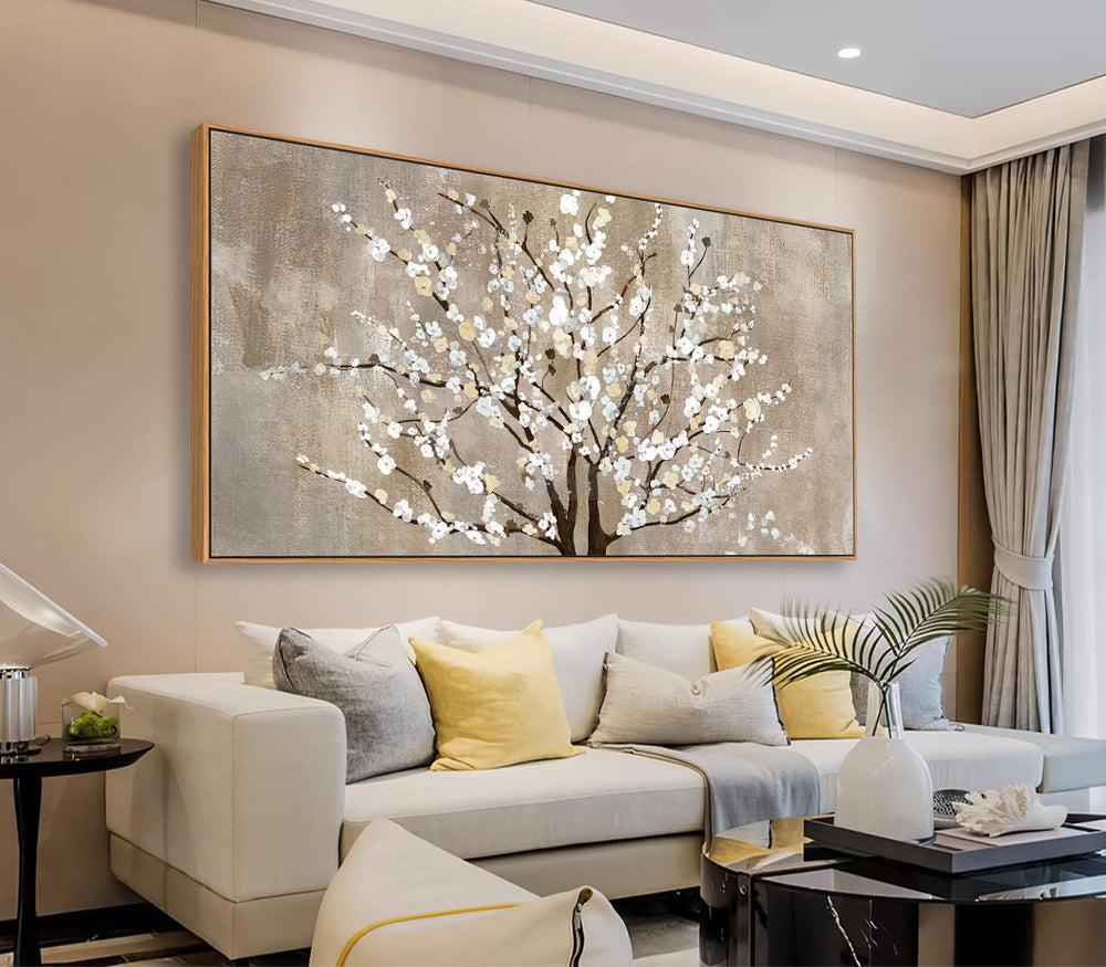 Beige White Textured Tree Painting Tree Wall Art Nature Tree of Life Abstract Canvas Painting Modern Large Panoramic Landscape Home Decor-Painting-BEESARI