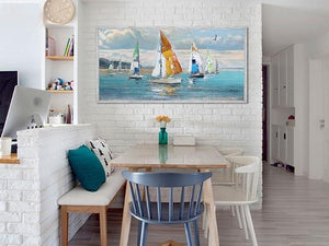 Blue Abstract Wall Art Canvas Ocean Sailboat Painting Modern Coastal Painting, Handmade Textured Art-Painting-BEESARI