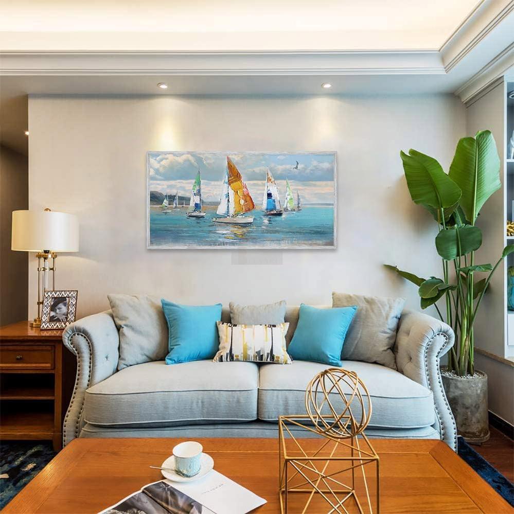 Blue Abstract Wall Art Canvas Ocean Sailboat Painting Modern Coastal Painting, Handmade Textured Art-Painting-BEESARI