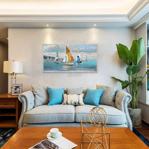 Blue Abstract Wall Art Canvas Ocean Sailboat Painting Modern Coastal Painting, Handmade Textured Art-Painting-BEESARI
