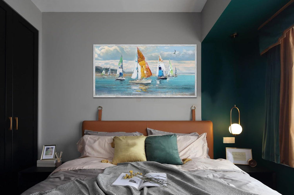 Blue Abstract Wall Art Canvas Ocean Sailboat Painting Modern Coastal Painting, Handmade Textured Art-Painting-BEESARI