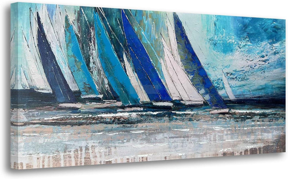 Blue Abstract Wall Art Canvas Teal Ocean Sailboat Modern Turquoise Coastal Nautical Painting Large Textured Artwork for Living Room Bedroom Bathroom Home Office Wall Decor-Painting-BEESARI