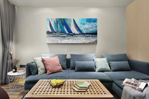 Blue Abstract Wall Art Canvas Teal Ocean Sailboat Modern Turquoise Coastal Nautical Painting Large Textured Artwork for Living Room Bedroom Bathroom Home Office Wall Decor-Painting-BEESARI