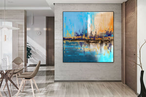 Blue Yellow Beige Palette Knife Artwork Original Abstract Painting
