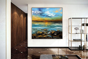 Blue Yellow Sea 3D Textured Palette Knife Painting Original Landscape Painting