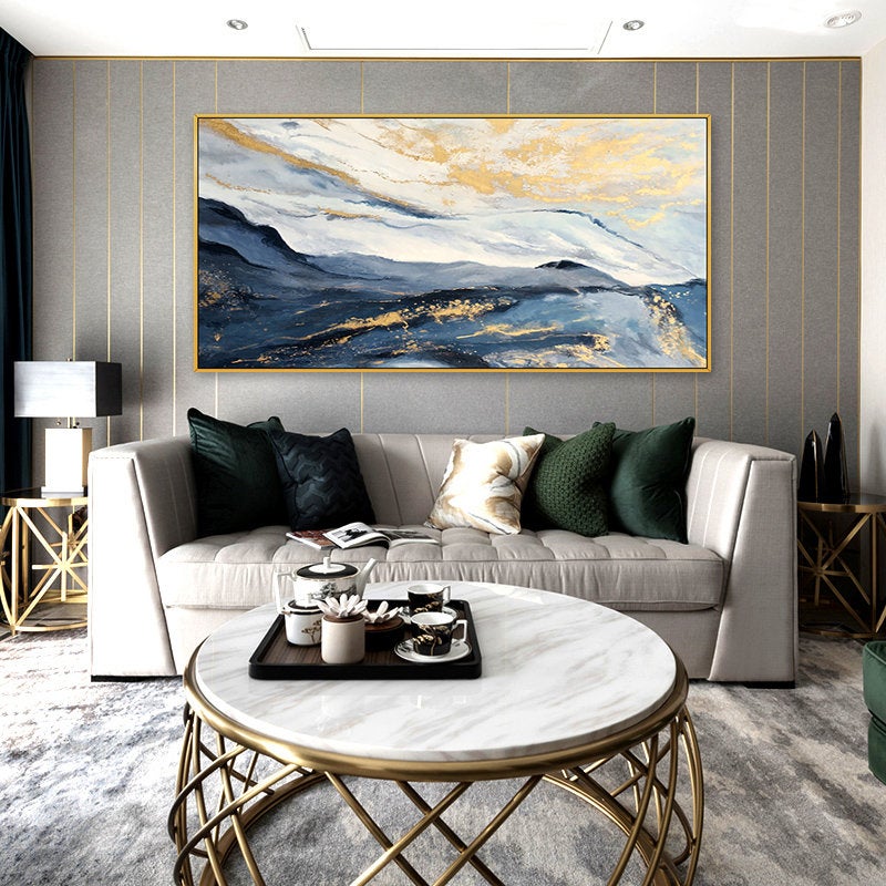 Elegant Gold Leaf Painting Navy Blue Snow Mountain Abstract Wall Art