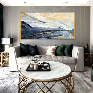 Elegant Gold Leaf Painting Navy Blue Snow Mountain Abstract Wall Art