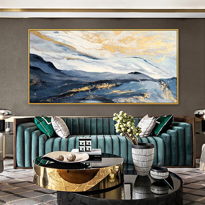 Elegant Gold Leaf Painting Navy Blue Snow Mountain Abstract Wall Art