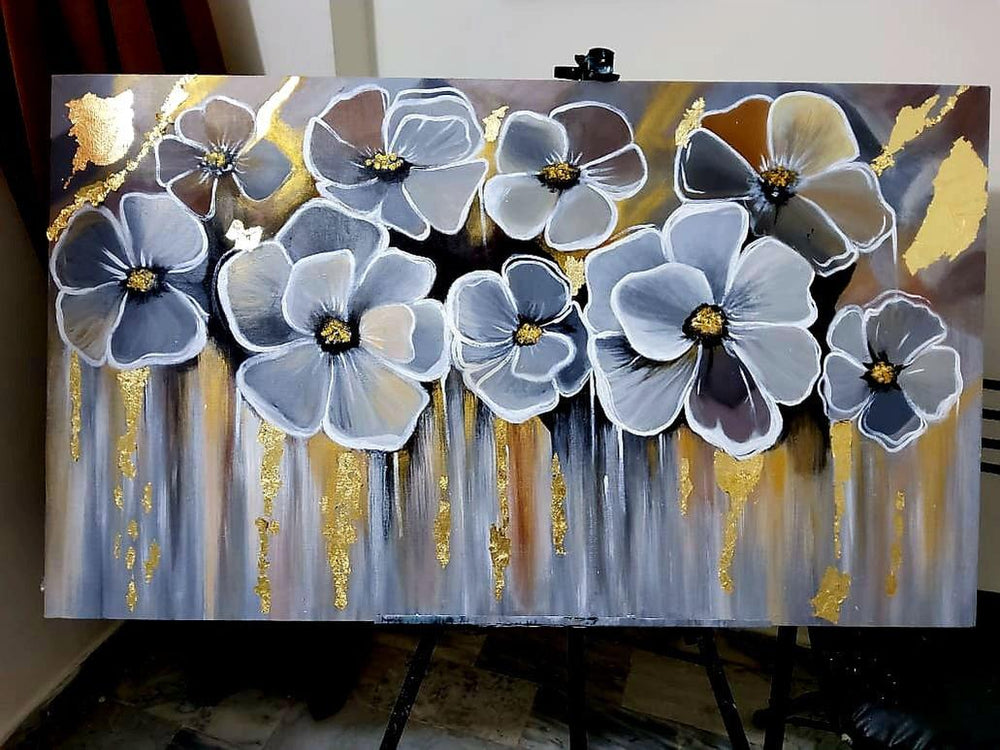 Floral Abstract Art | Gray Gold on Canvas Handmade Painting | Home Decor-Painting-BEESARI
