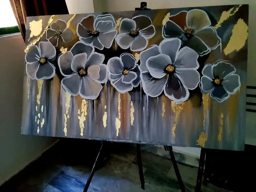 Floral Abstract Art | Gray Gold on Canvas Handmade Painting | Home Decor-Painting-BEESARI