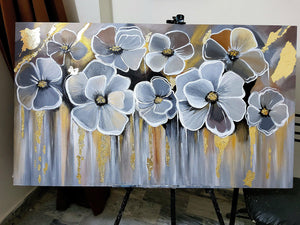 Floral Abstract Art | Gray Gold on Canvas Handmade Painting | Home Decor-Painting-BEESARI