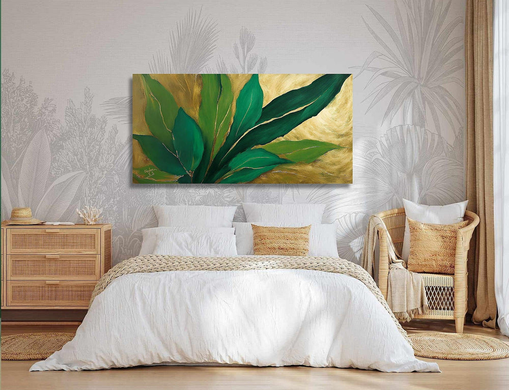Green Leaf with Gold || Green Abstract Art | Handmade Painting | Home Decor | Wall Decor-Painting-BEESARI