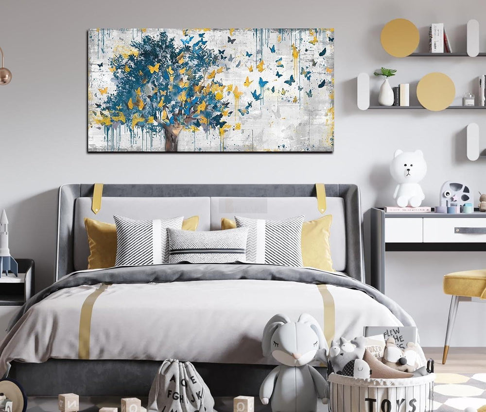Large Canvas Wall Art Blue Tree Golden Butterflies Painting Abstract Grey Graffiti Canvas-Painting-BEESARI