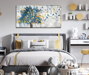 Large Canvas Wall Art Blue Tree Golden Butterflies Painting Abstract Grey Graffiti Canvas-Painting-BEESARI