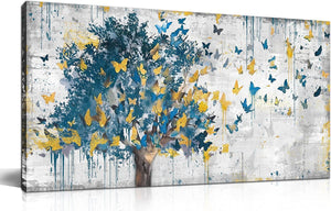 Large Canvas Wall Art Blue Tree Golden Butterflies Painting Abstract Grey Graffiti Canvas-Painting-BEESARI