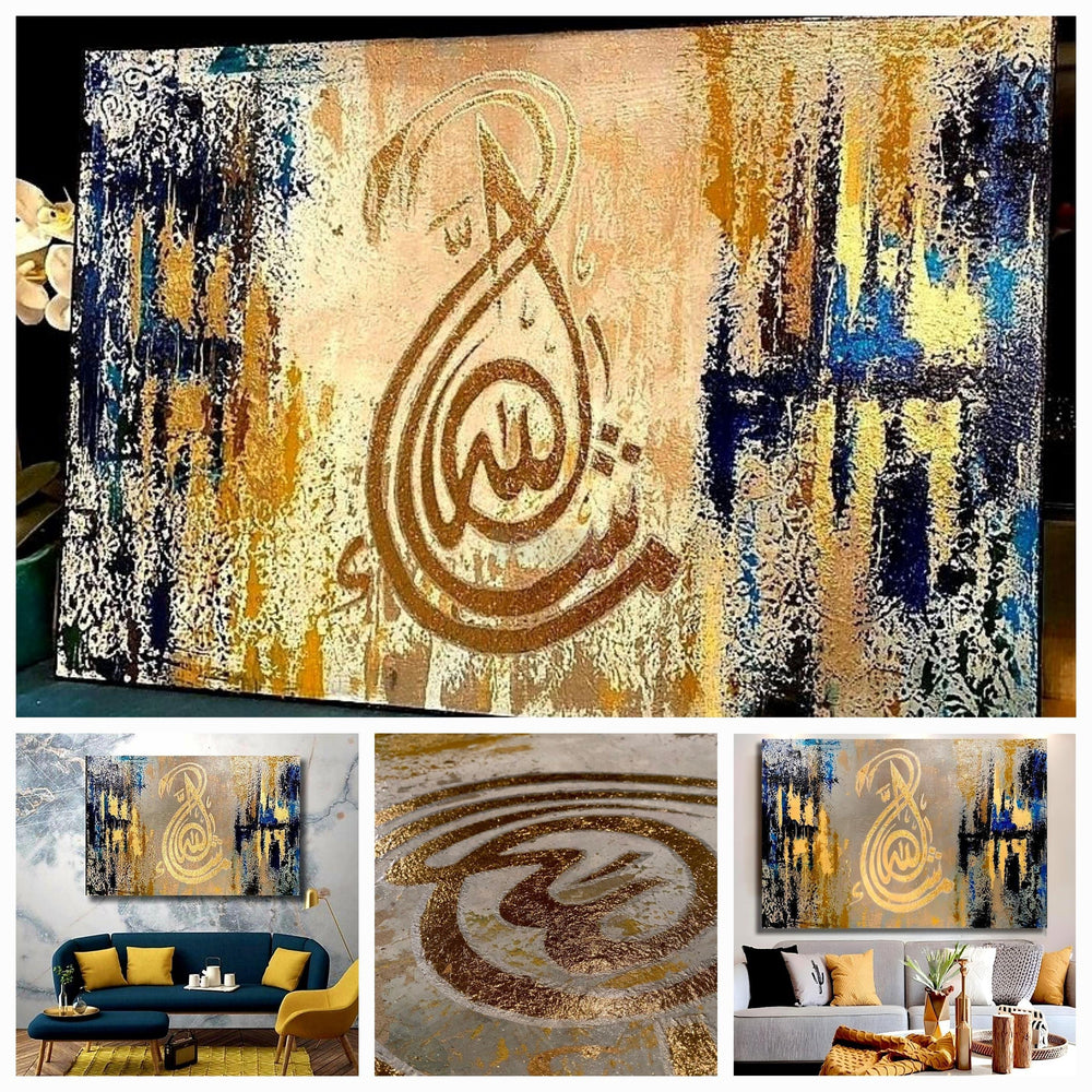 Mashallah - Calligraphy on Canvas | Gold Leaf Texture Art | Handmade Painting | Home Decor-Painting-BEESARI