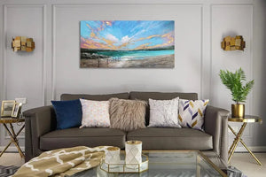 Ocean Teal Wall Art Canvas Coastal Beach Painting Blue Turquoise Landscape Sunset Painting, Panoramic Gold Foil Textured Large Artwork Framed for Living Room Bedroom Bathroom Wall Decor-Painting-BEESARI