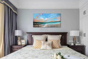 Ocean Teal Wall Art Canvas Coastal Beach Painting Blue Turquoise Landscape Sunset Painting, Panoramic Gold Foil Textured Large Artwork Framed for Living Room Bedroom Bathroom Wall Decor-Painting-BEESARI