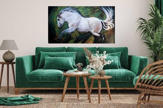 Running White Horse | Handmade Painting on Canvas | Home decor-Painting-BEESARI