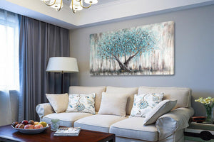 Tree Wall Art Teal Blue Nature Tree of Life Abstract Canvas Painting Textured, Modern Large Panoramic Landscape Artwork Framed for Living Room Bedroom Bathroom Office Home Decor-Painting-BEESARI