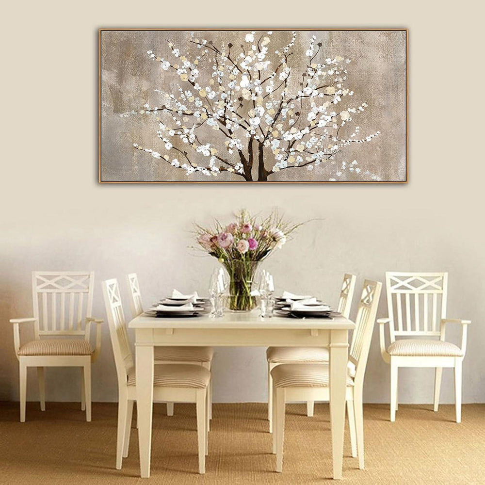 Beige White Textured Tree Painting Tree Wall Art Nature Tree of Life Abstract Canvas Painting Modern Large Panoramic Landscape Home Decor