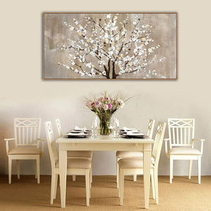Beige White Textured Tree Painting Tree Wall Art Nature Tree of Life Abstract Canvas Painting Modern Large Panoramic Landscape Home Decor-Painting-BEESARI