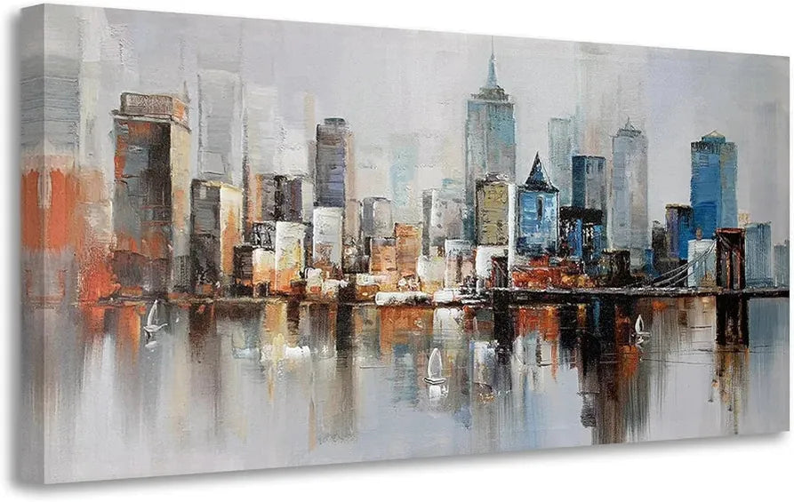 Brooklyn Bridge Wall Art Modern New York City Abstract Canvas Cityscape Painting Colorful NYC Skyline Textured Art for Living Room Bedroom Home Office Wall Decor