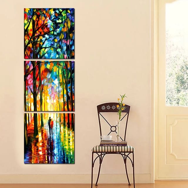 3-Panel Modern Abstract Canvas Wall Art Set – Geometric Blue & Gold Digital Print – Ready-to-Hang Trio