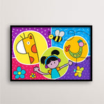 Colorful Girl & Animal Art – Whimsical Cartoon Nursery Wall Painting for Kids Room