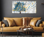 Large Canvas Wall Art Blue Tree Golden Butterflies Painting Abstract Grey Graffiti Canvas