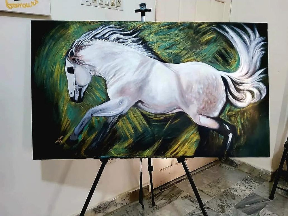 Running White Horse | Handmade Painting on Canvas | Home decor
